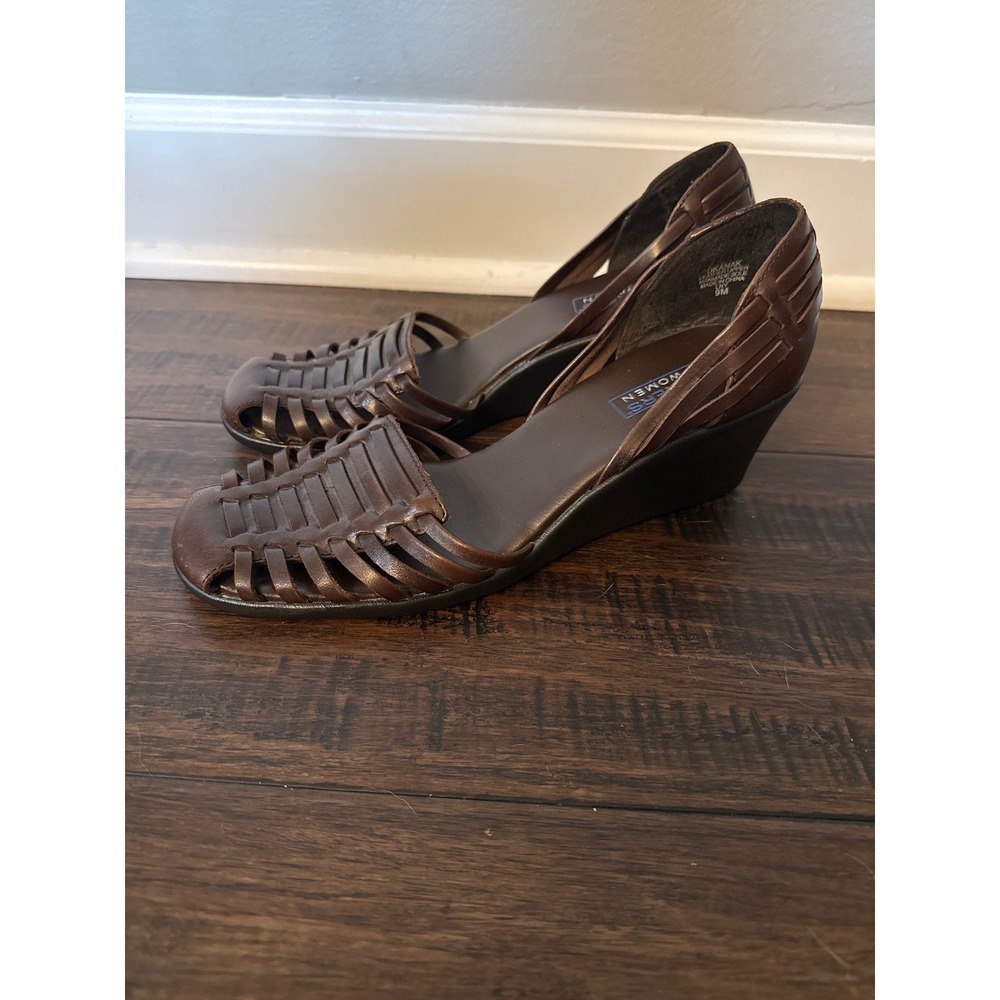 Dockers Women Brown Leather Woven Huarache Wedge Sandals DKANAK‎ 9M
